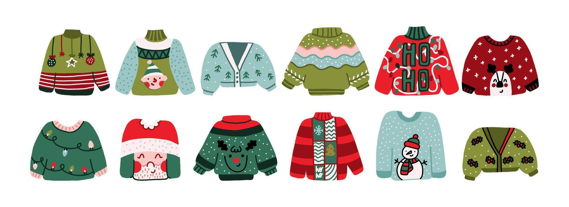 A set of ugly sweaters. Funny sweaters in hand drawn style. Winter Xmas Pullovers vector