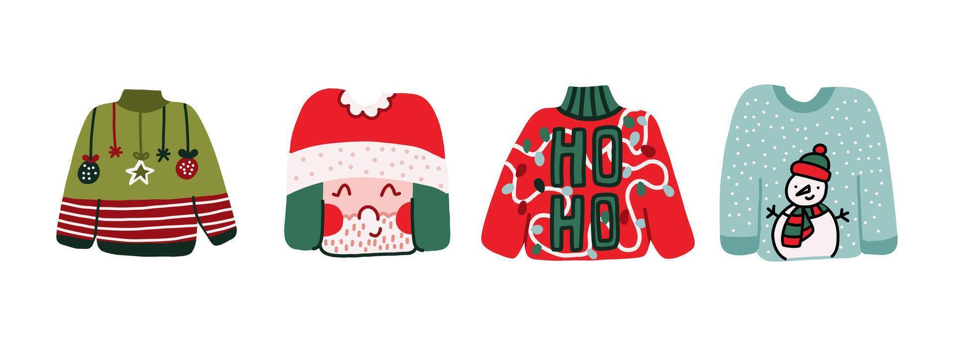 Hand Draw Christmas Ugly Sweater Party. Set of the Winter Xmas Pullover. Illustration on a white background vector