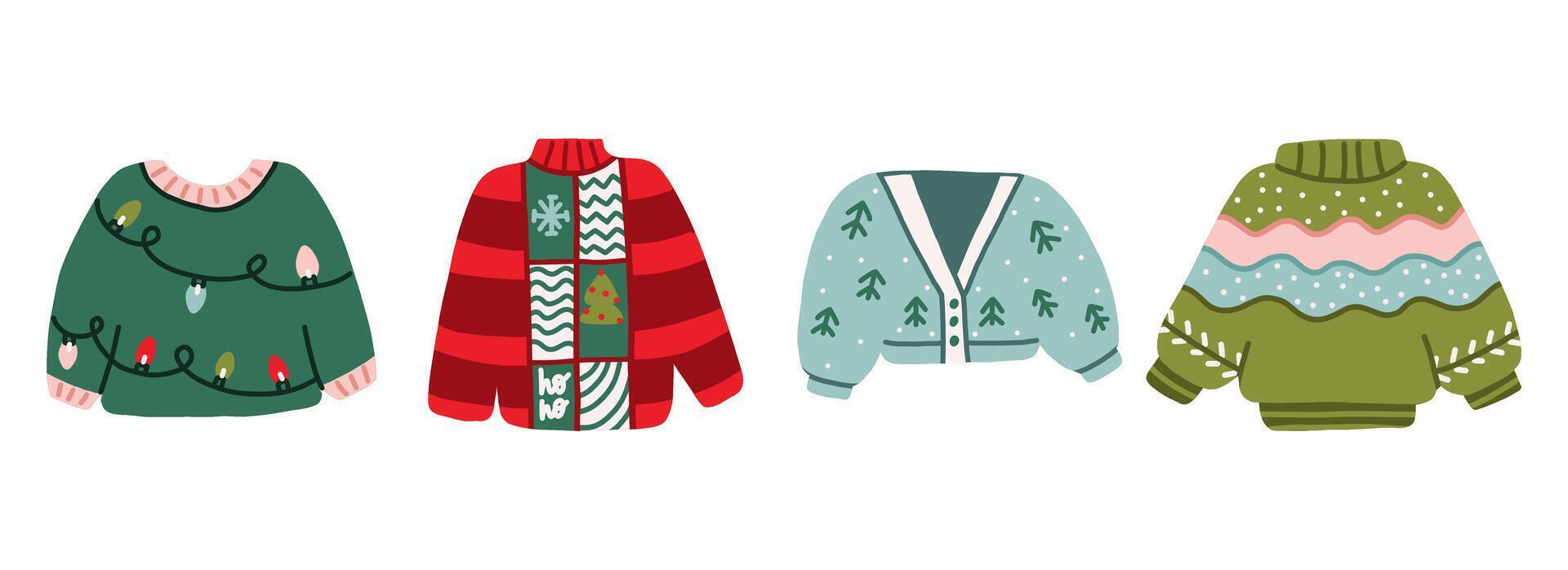 Set of Christmas Ugly Sweater Party. Cute Hand Drawn Sweaters. Knitted Winter Xmas Pullover vector