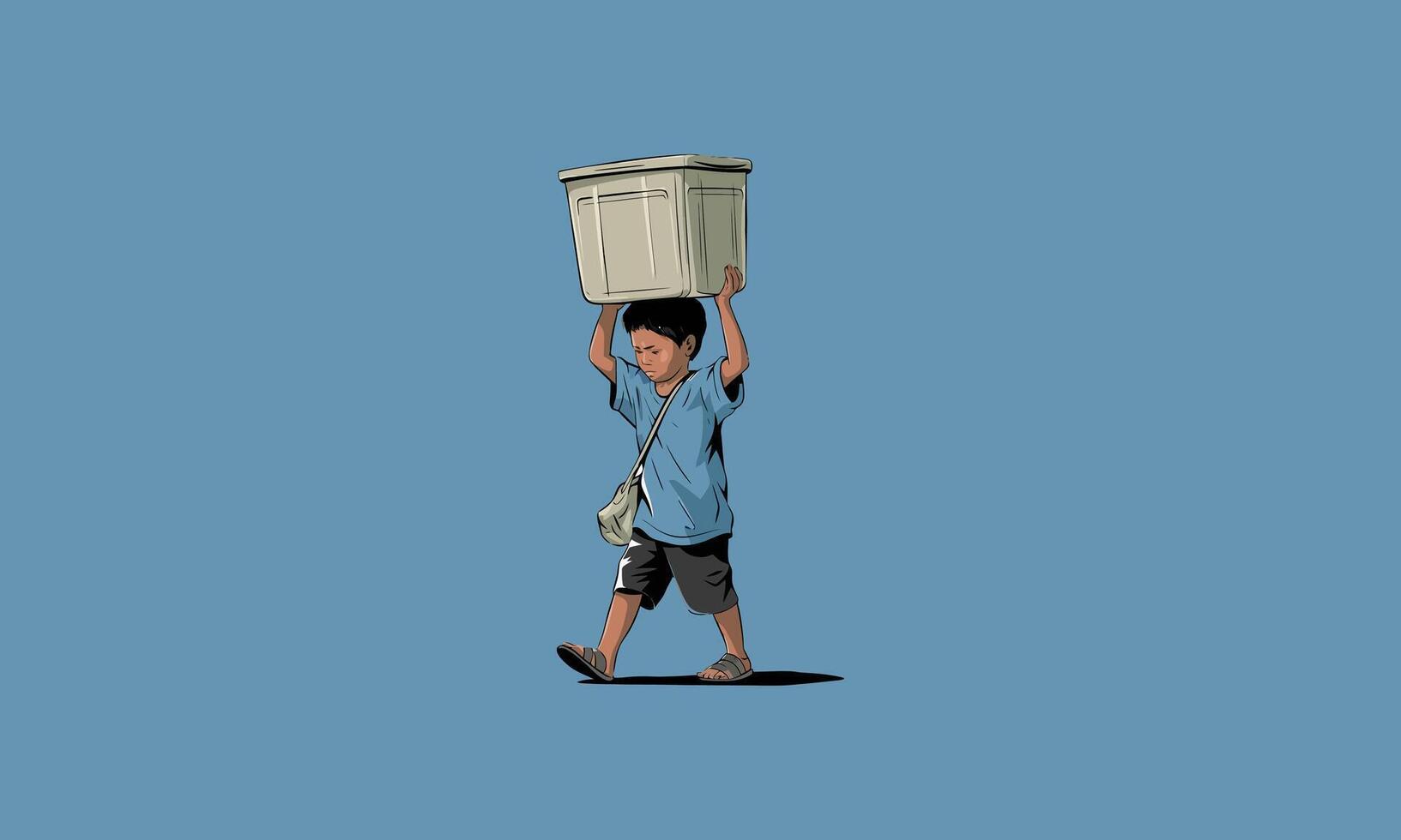 of boy carrying box on head with blue background vector