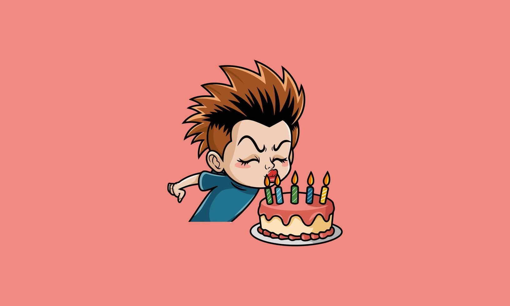 Child blowing out candles on birthday cake, happy moment. vector