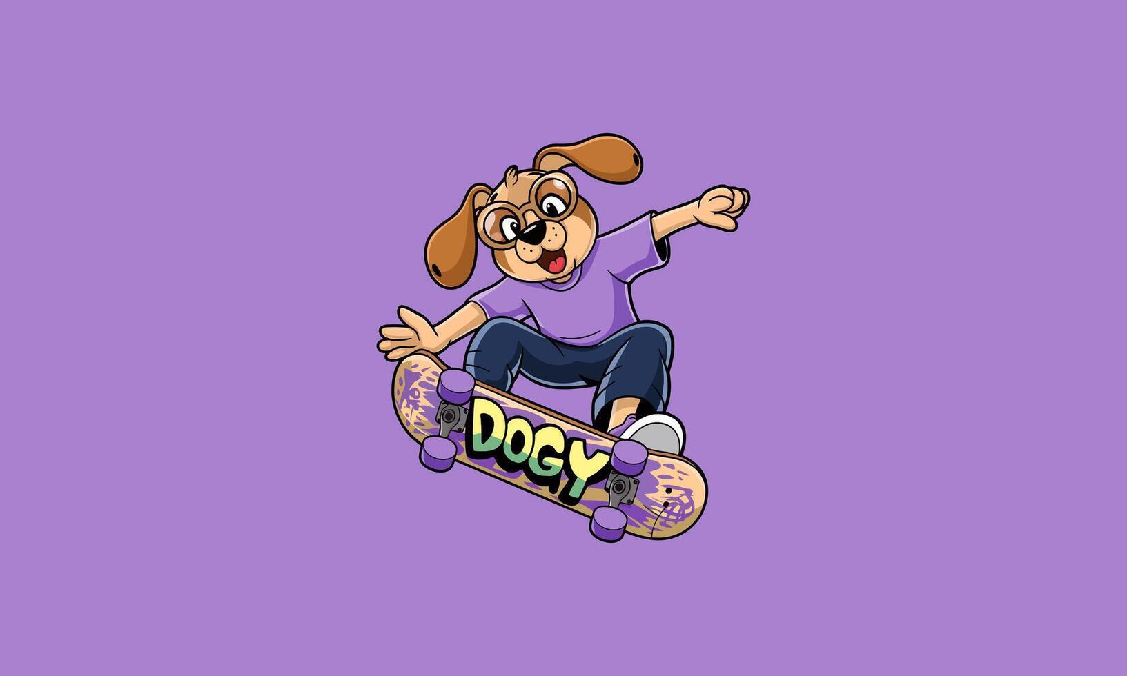 Skateboarding cartoon dog doing a trick, joyful expression. vector