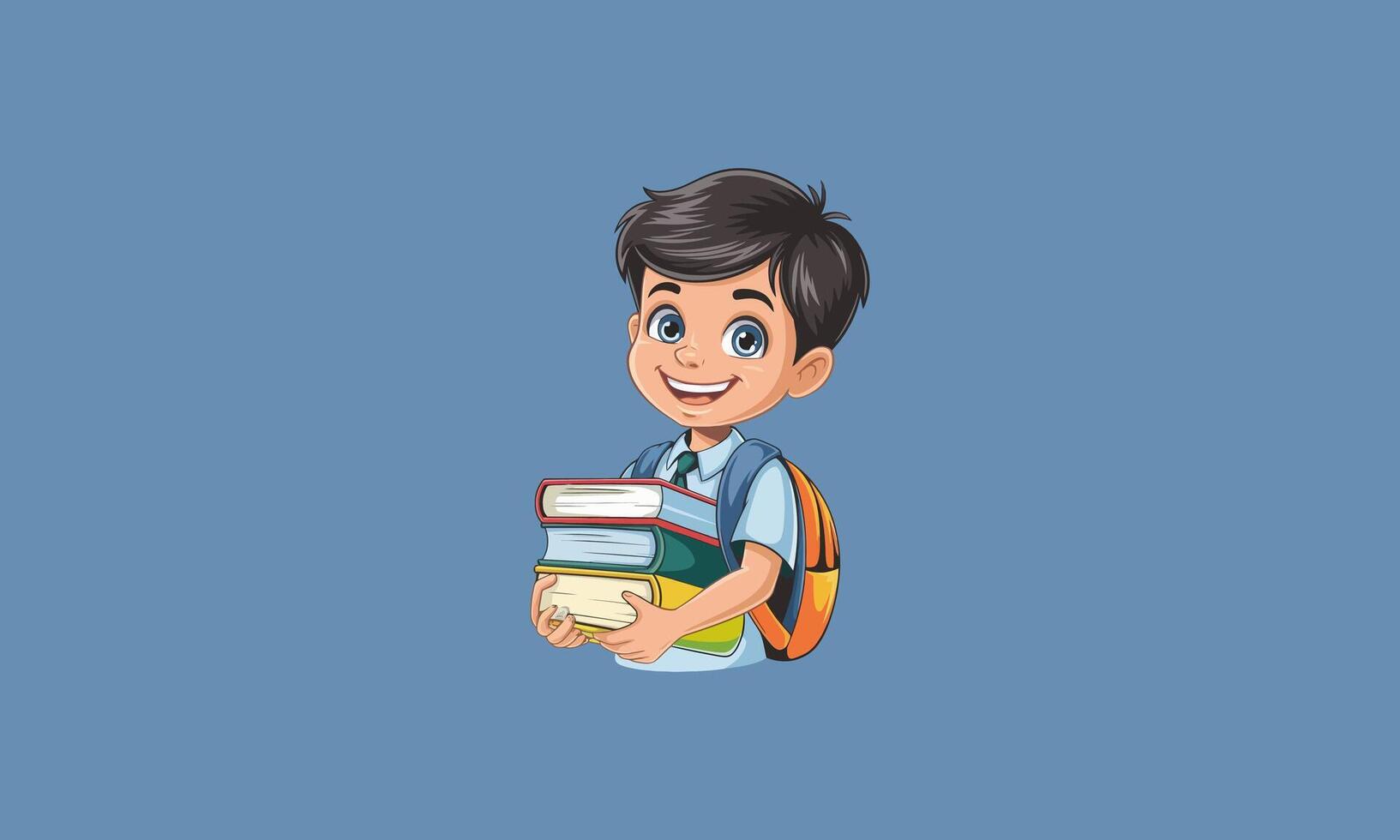 Smiling schoolboy carrying books and wearing a backpack vector