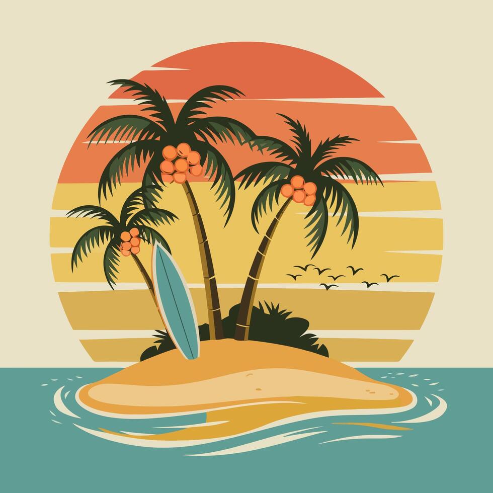 Tropical island sunset with palm trees and surfboard. vector