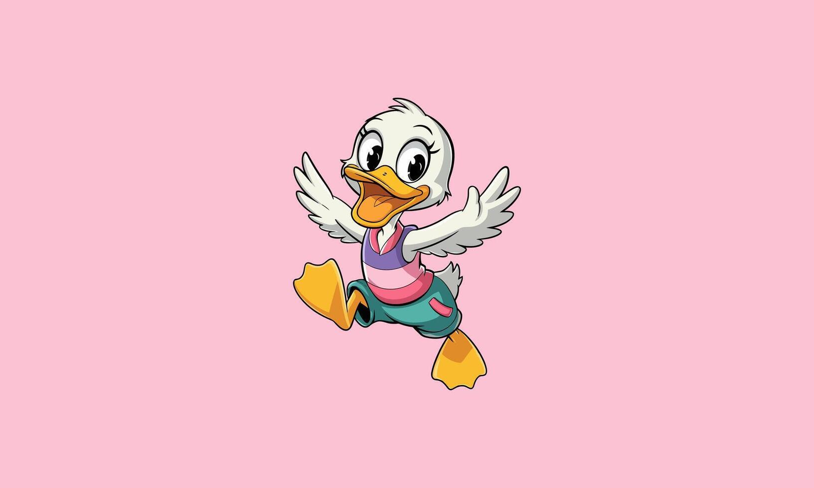 Cheerful cartoon duck jumping with wings spread wide. vector