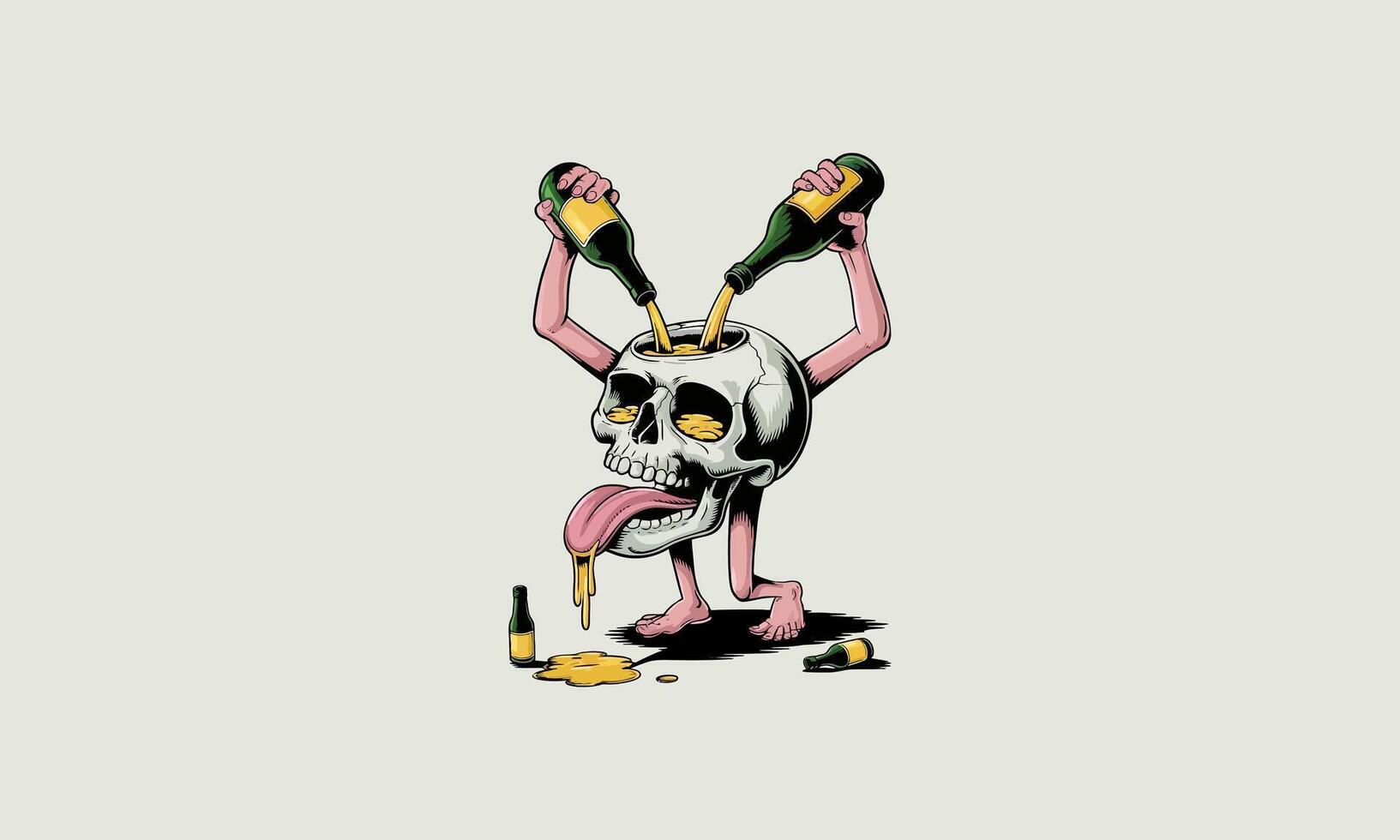 Skull pouring drinks with arms, surreal cartoon illustration. vector