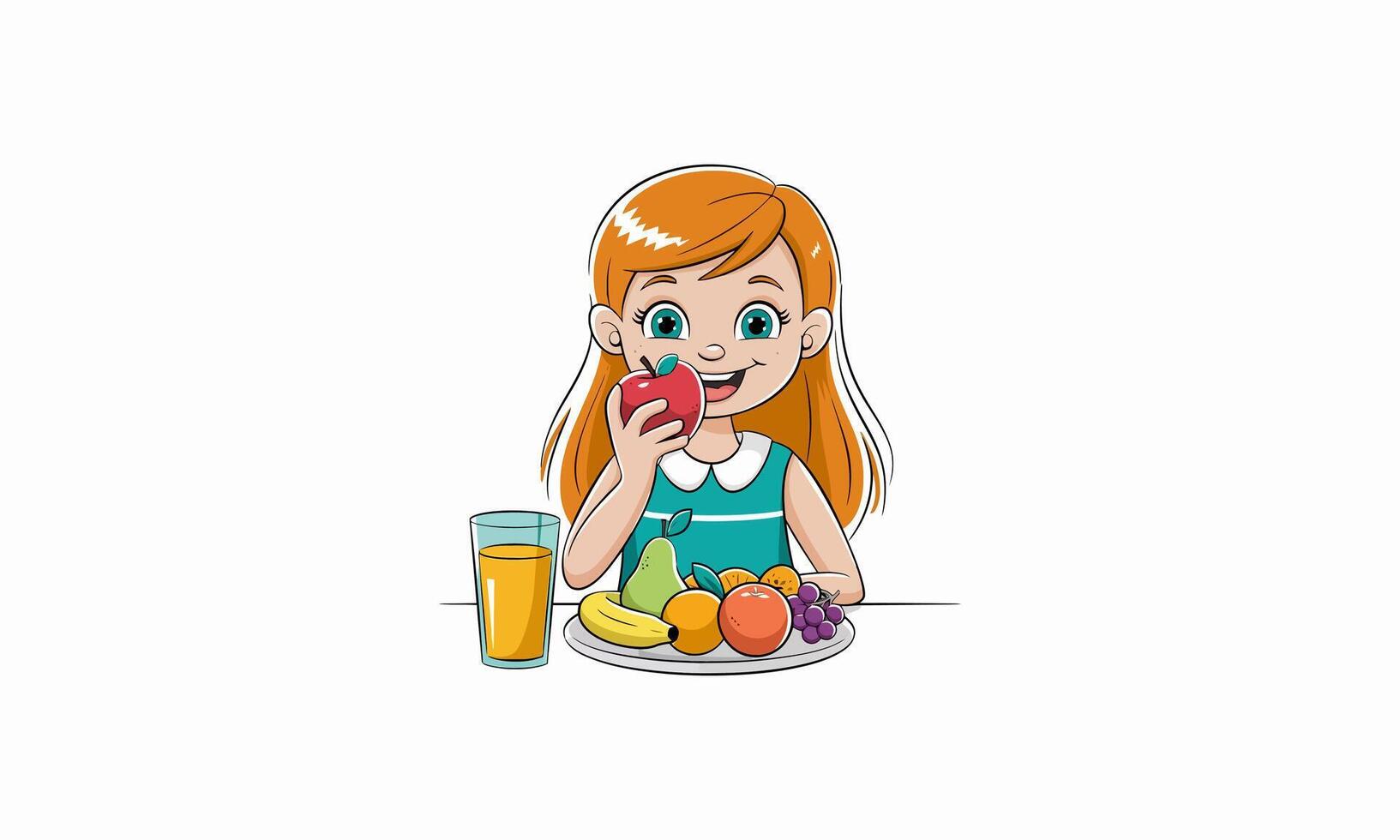 Happy girl enjoying healthy fruit plate with juice vector