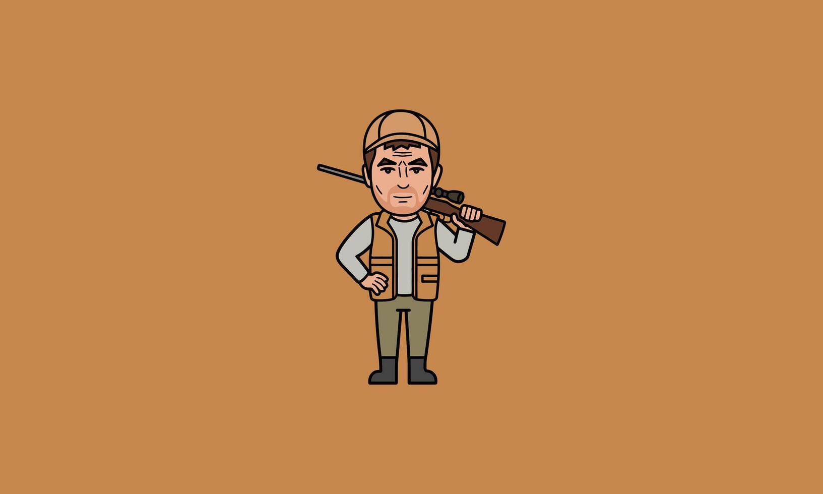 Hunter with rifle wearing cap and vest in outdoors attire. vector