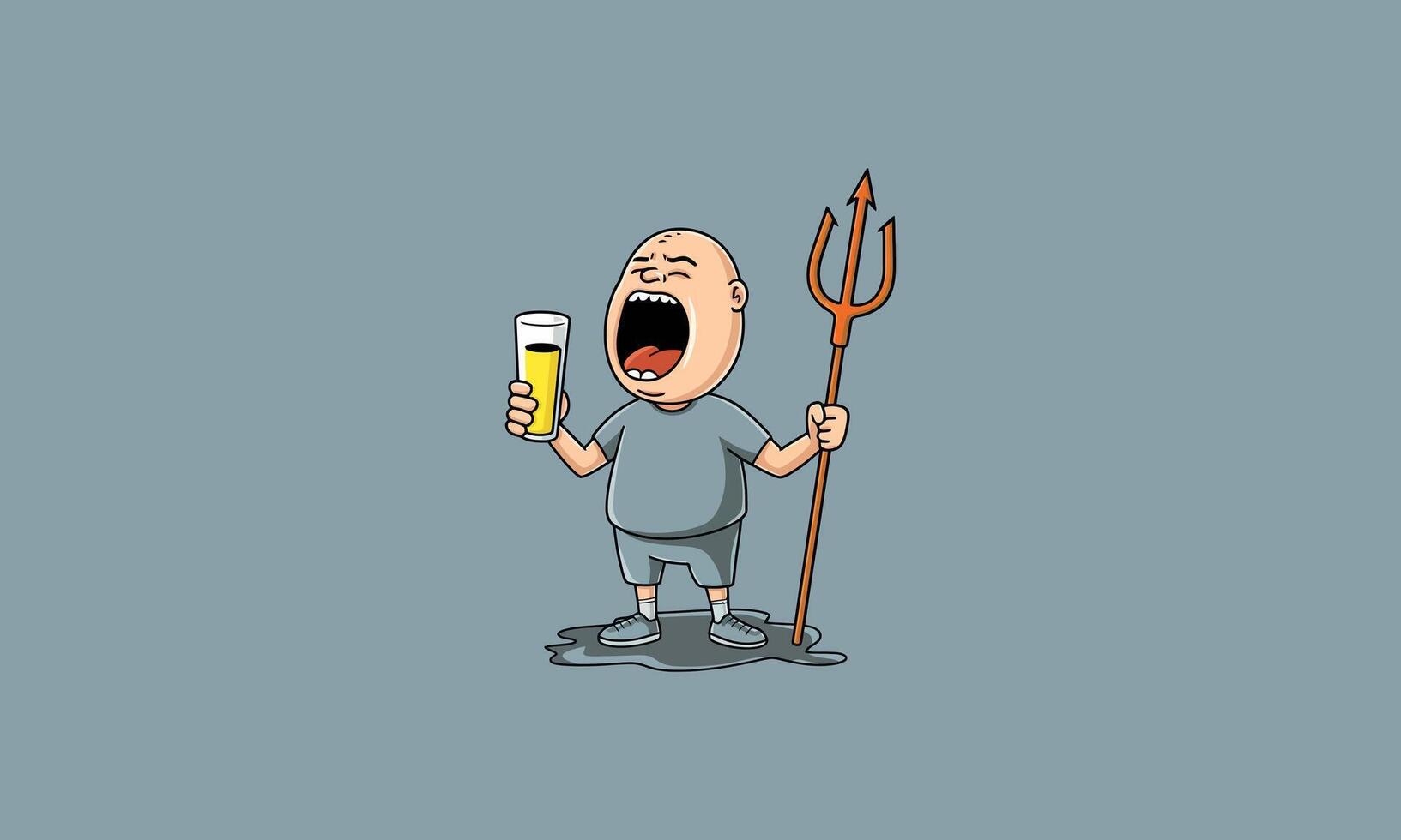 Bald man holding trident and drink, yelling expression. vector