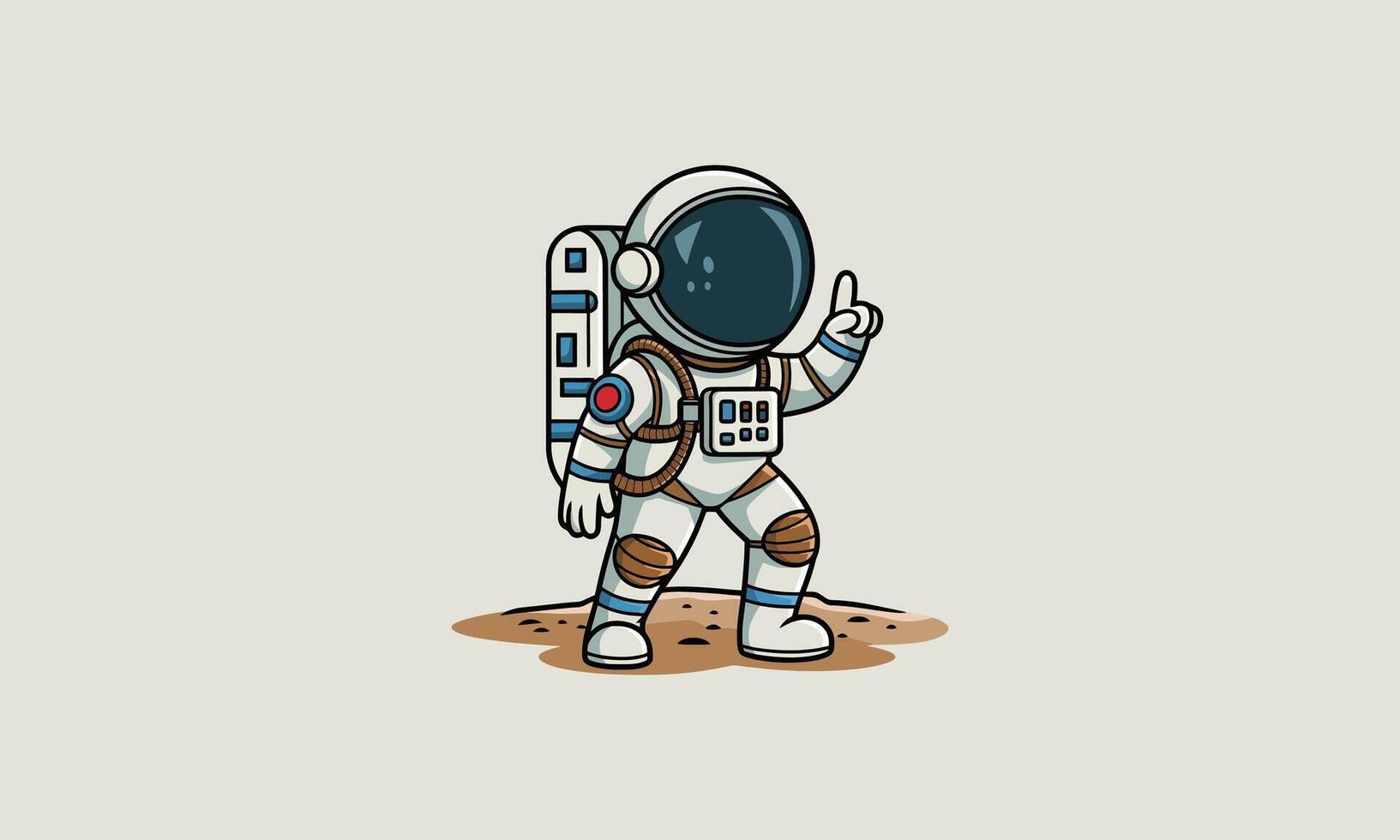 Cartoon astronaut pointing forward, standing on moon. vector