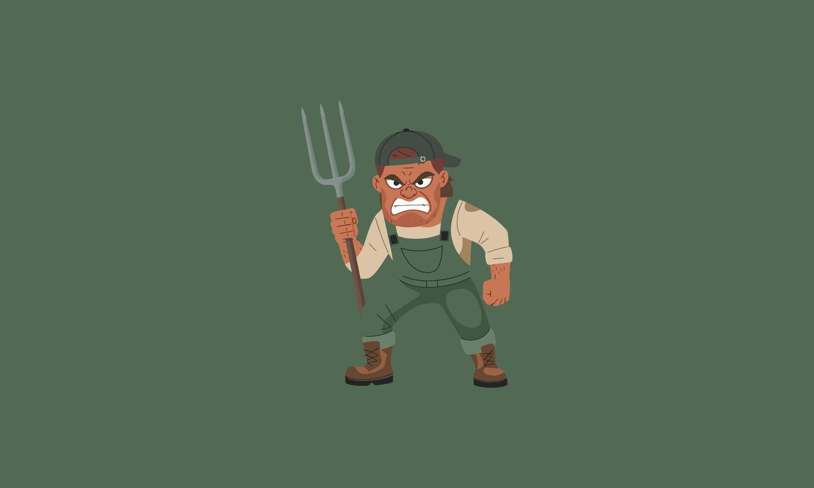 Angry farmer holding a pitchfork in a defensive stance. vector