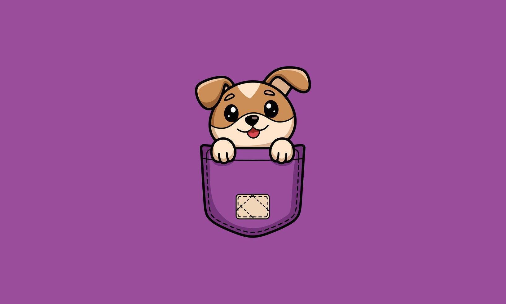 Cute puppy peeking out from a purple pocket, happy expression. vector