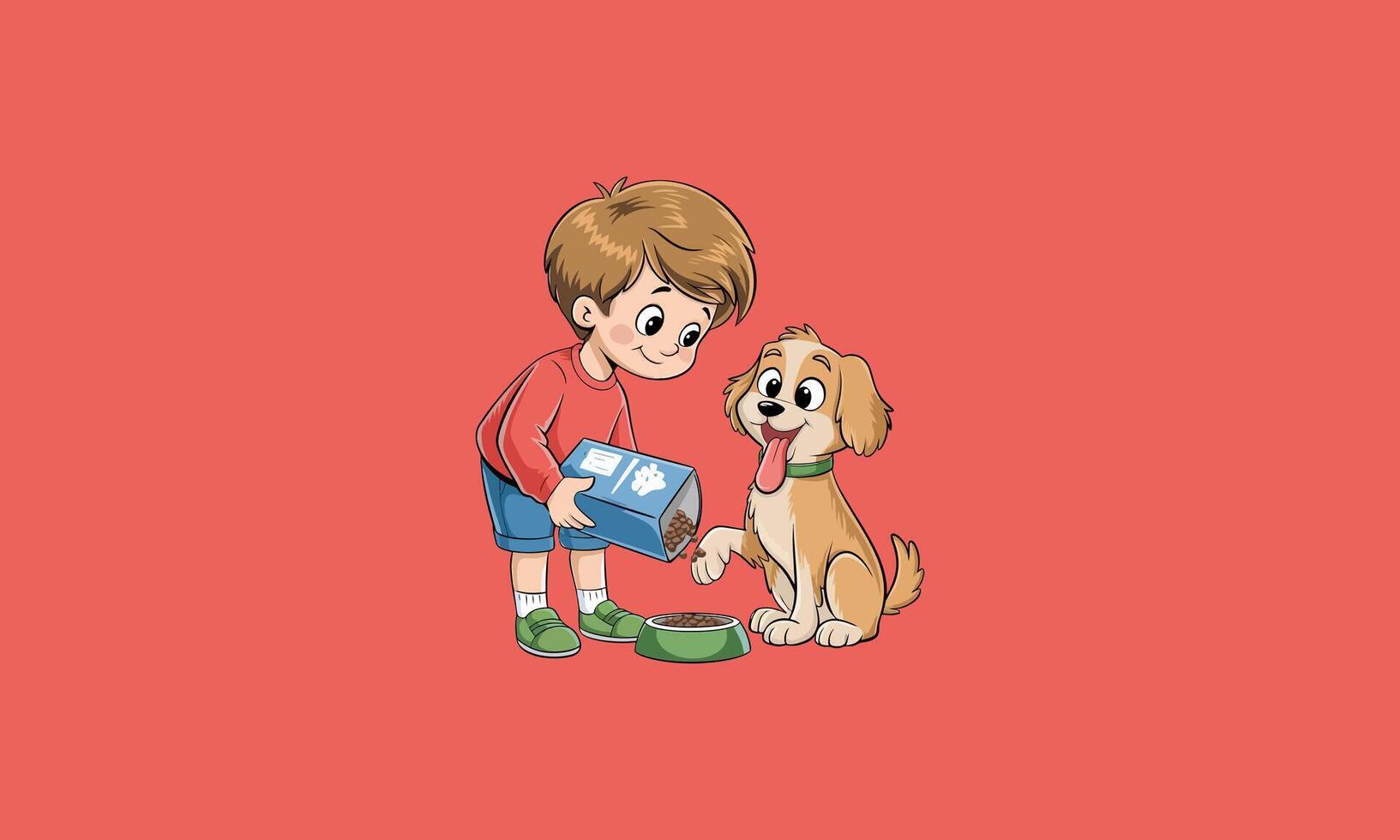 Boy feeding happy dog with pet food from a box vector