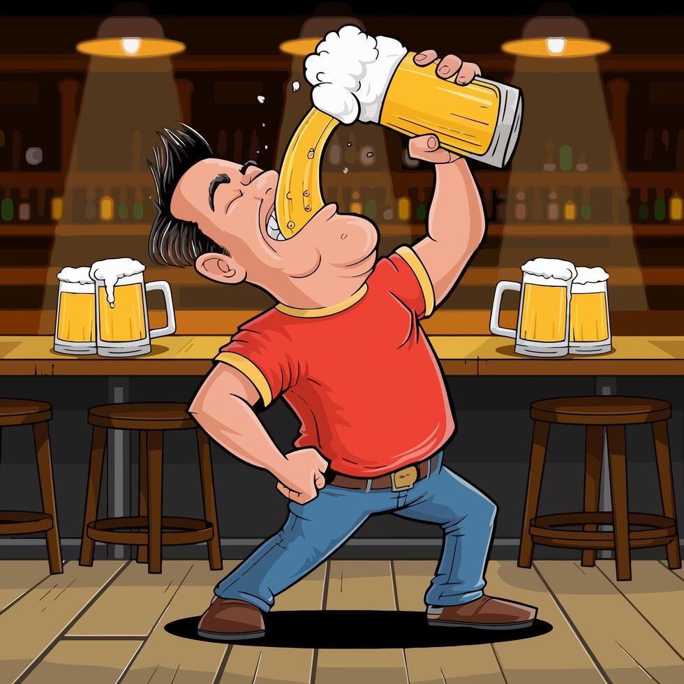 Man chugging beer enthusiastically in a lively bar scene. vector