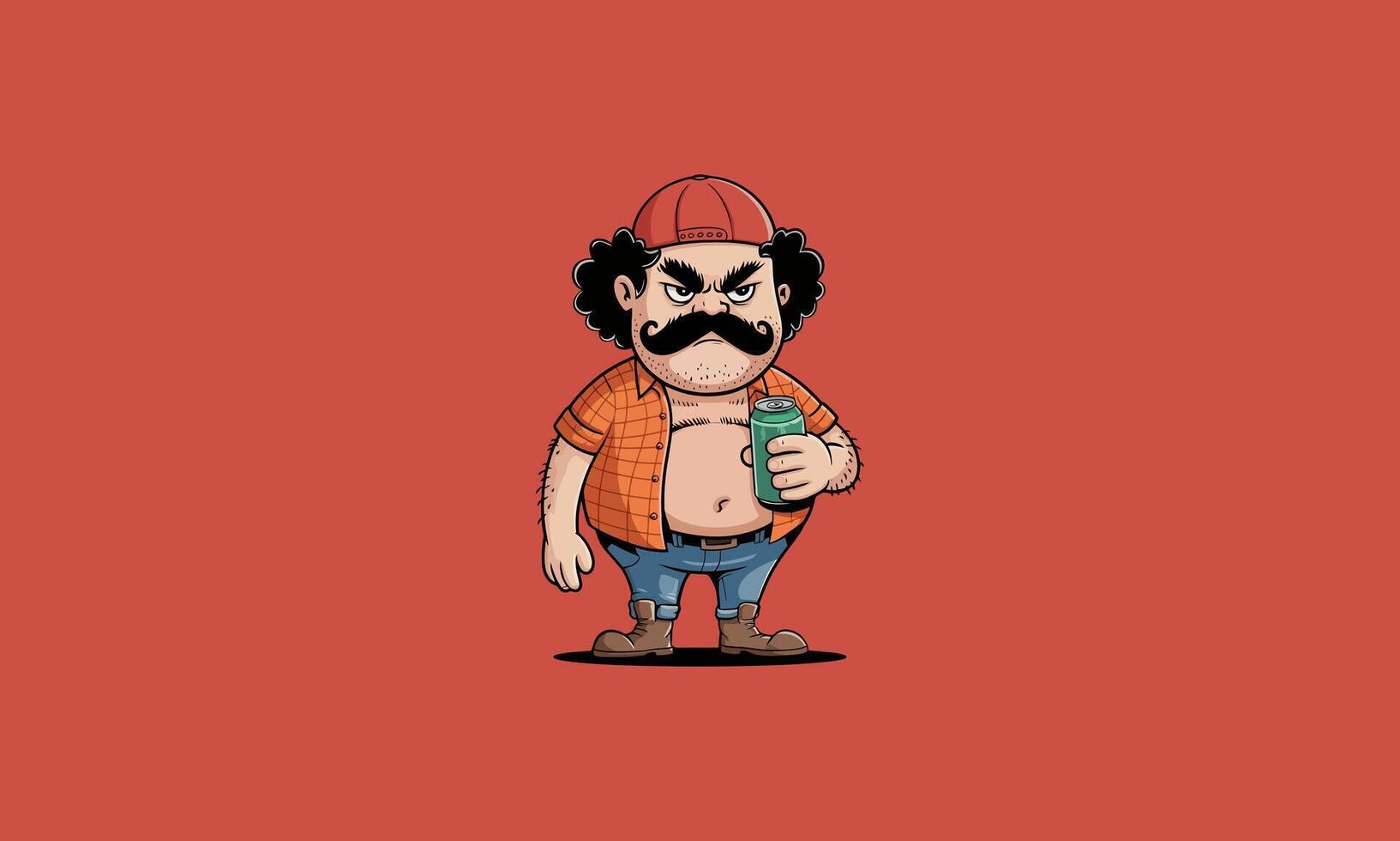 Grumpy man with mustache holding drink, casual attire. vector