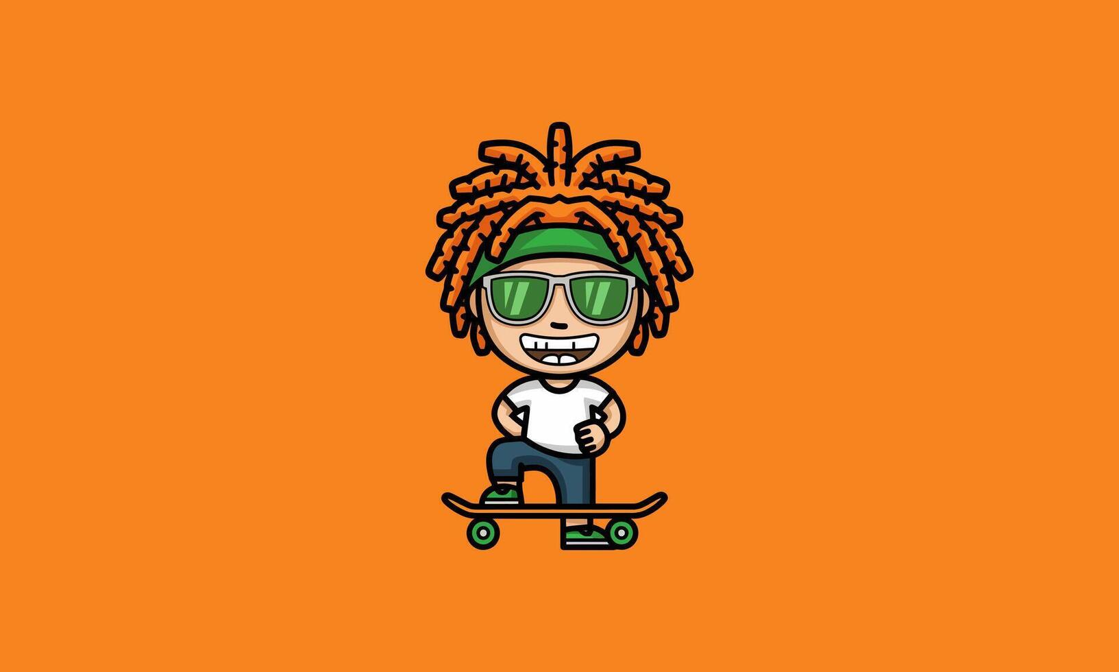 Cool skater with dreadlocks, sunglasses, and skateboard. vector