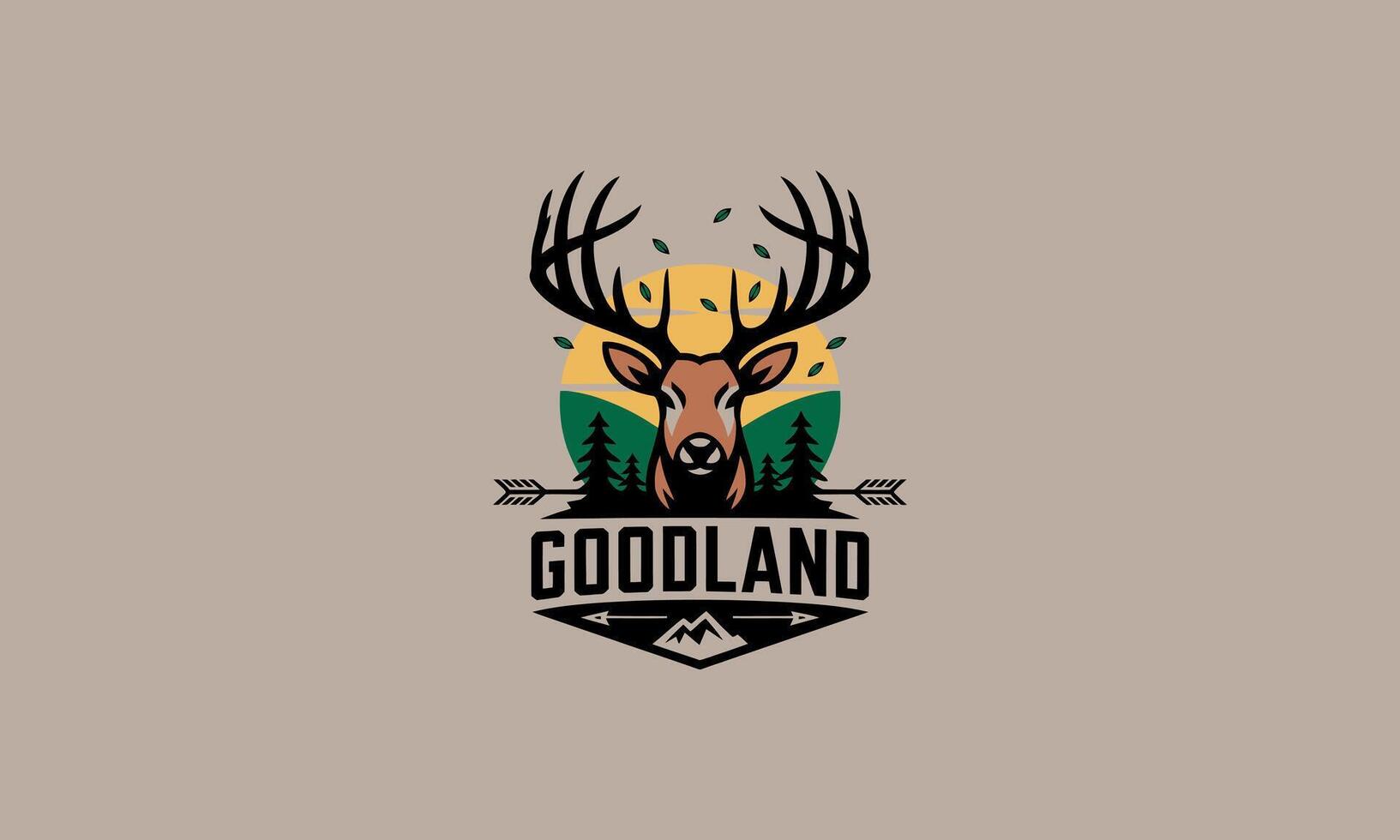 Rustic deer logo with antlers, trees, and sunset background vector