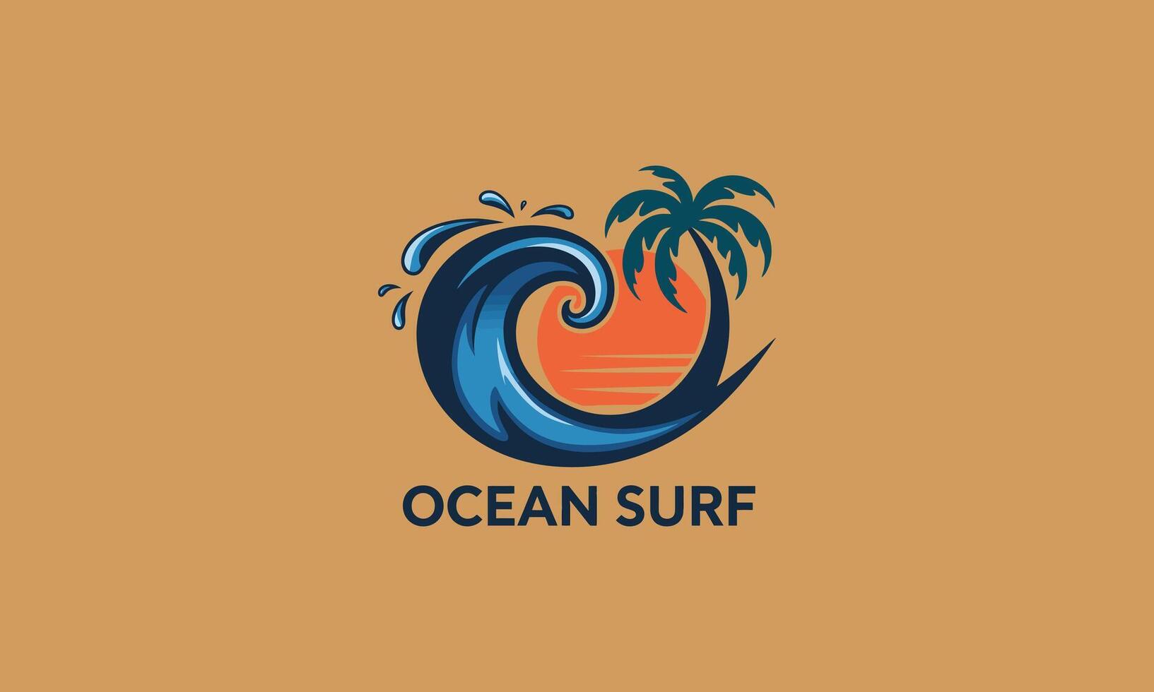 Tropical surf logo with wave, palm tree, and sunset vector