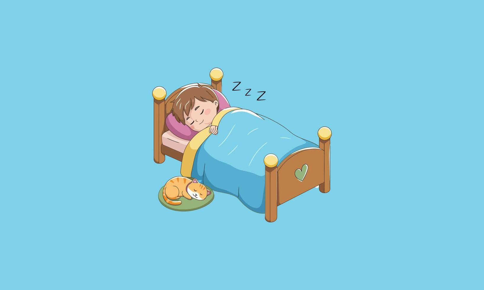 Peaceful child sleeping in bed with a cozy cat nearby vector
