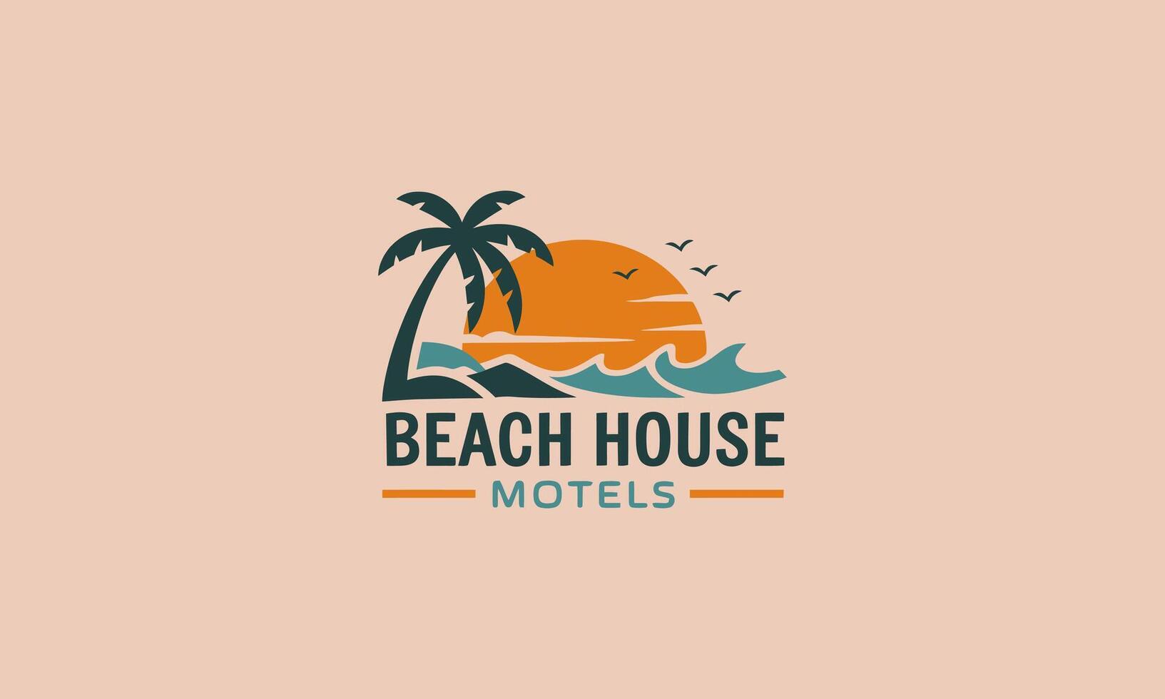 Beach motel logo with sunset, waves, and palm tree vector