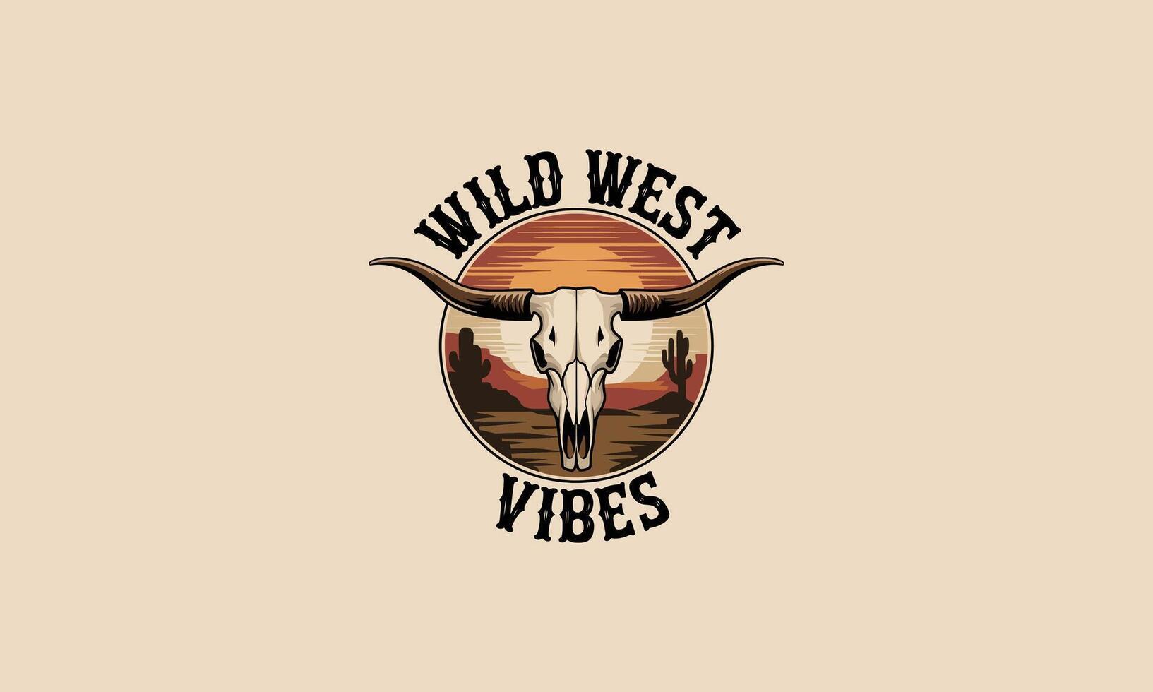 Wild West skull emblem with desert sunset background vector