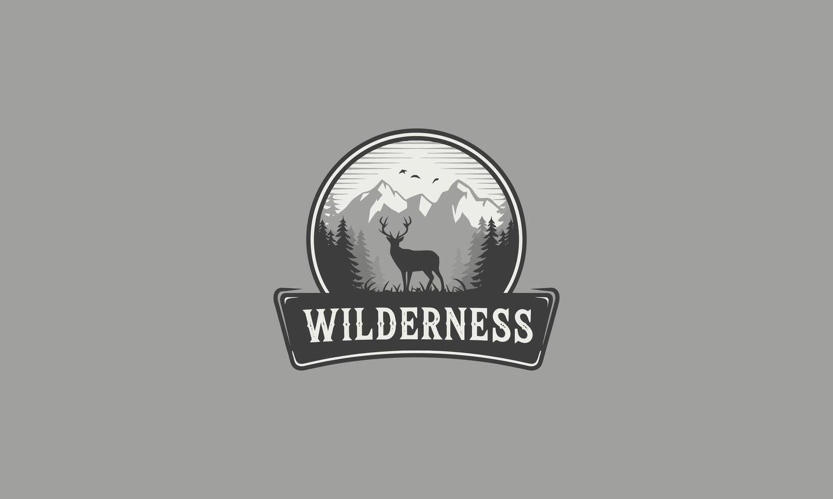 Nature emblem with deer, mountains, and forest silhouette vector