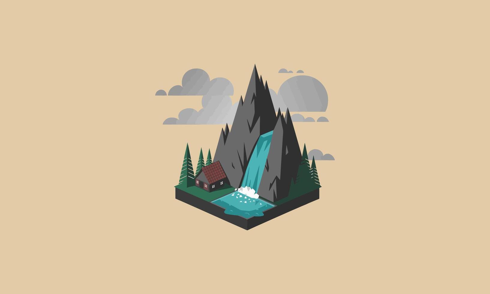 Mountain cabin by waterfall with trees and clouds vector