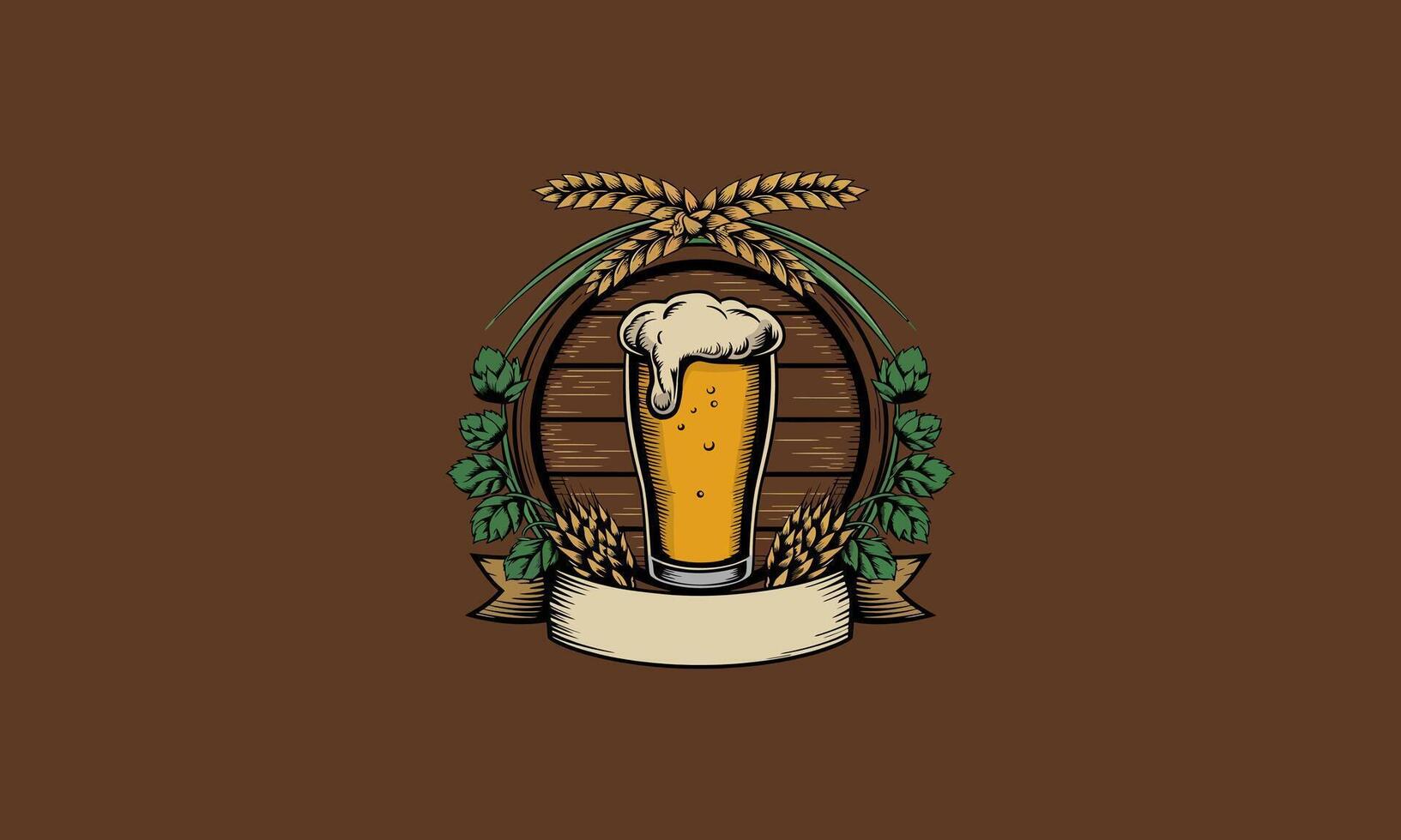 Beer emblem with hops, wheat, and wooden barrel design vector