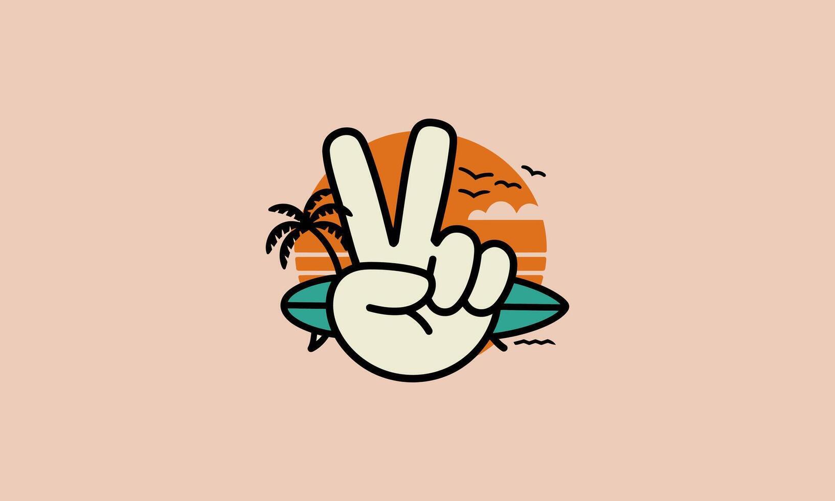 Peace hand sign with surfboard, sunset, and palm trees vector