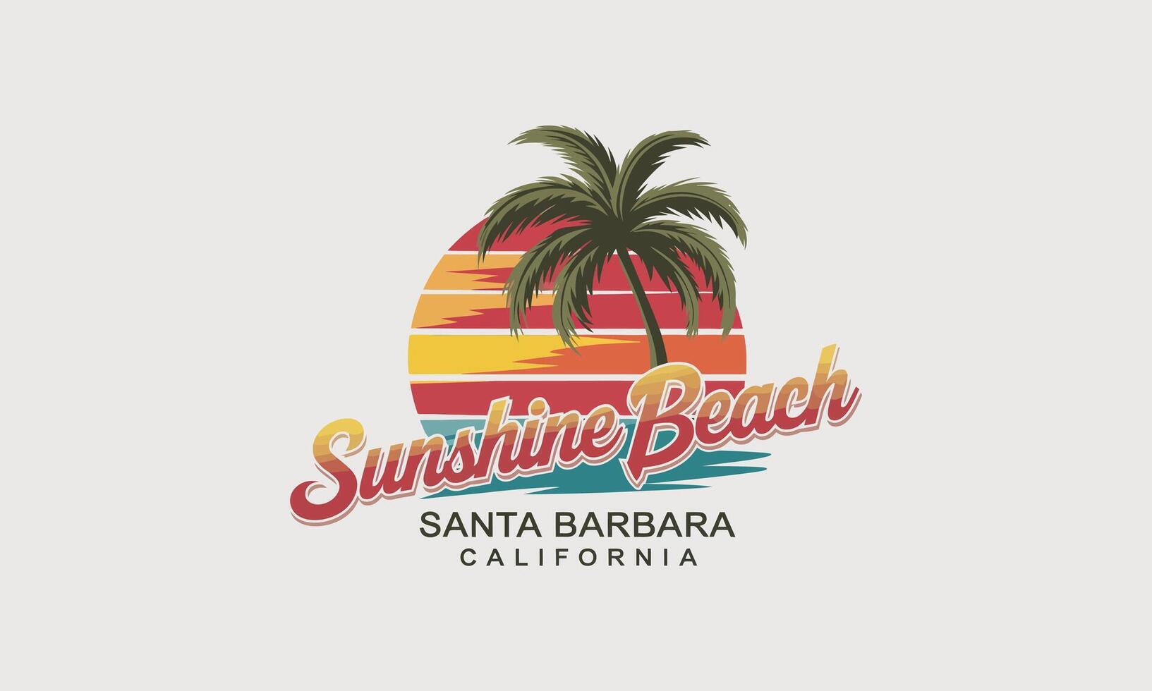 Retro beach logo with palm tree, sunset, and waves vector