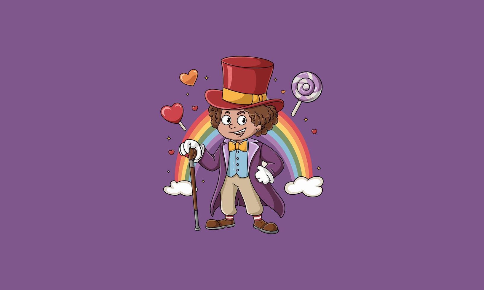 Cartoon character in purple top hat with cane and bow tie vector