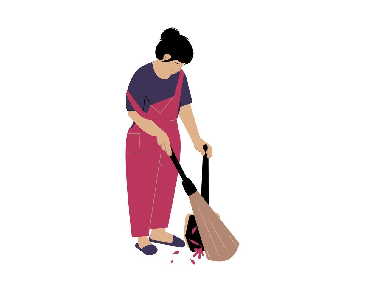 A woman sweeping ground with broom Illustration vector