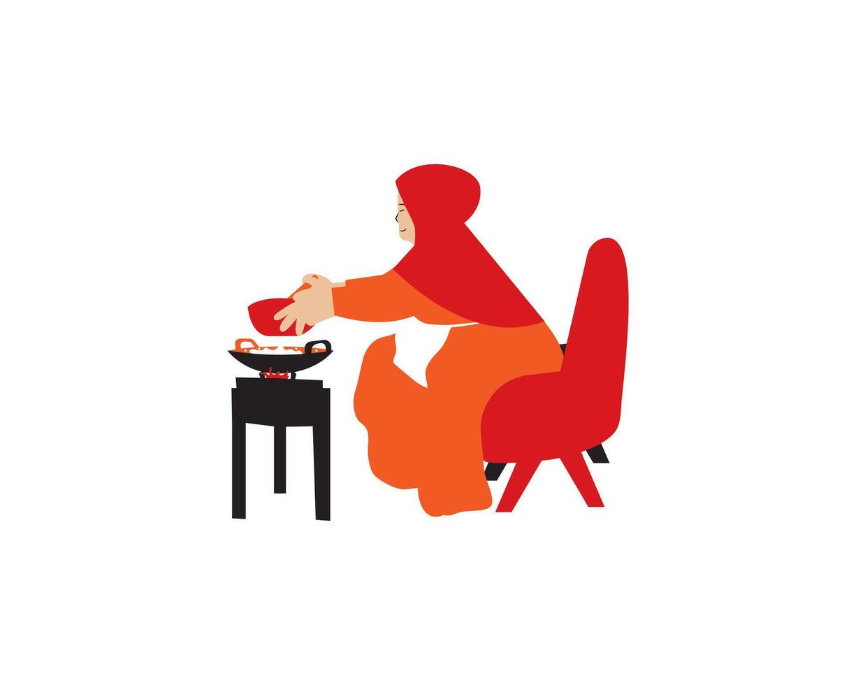 a woman cooking while siting on chair illustration vector
