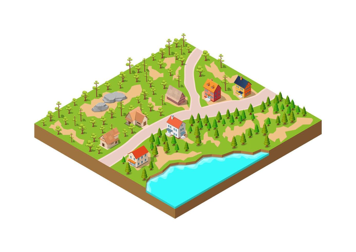 Isometric village settlement with forest vector