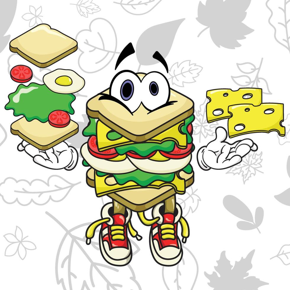 Sandwich mascot design with natural leaf pattern background vector