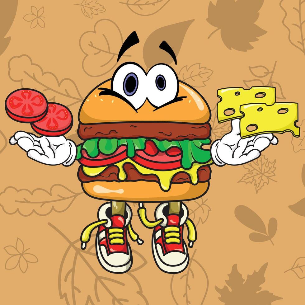 a cartoon hamburger character holding a slice of cheese and a tomato vector