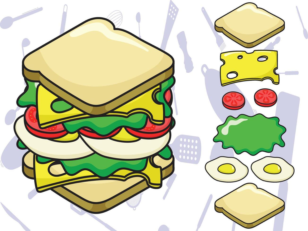 a sandwich with cheese, eggs and tomatoes vector