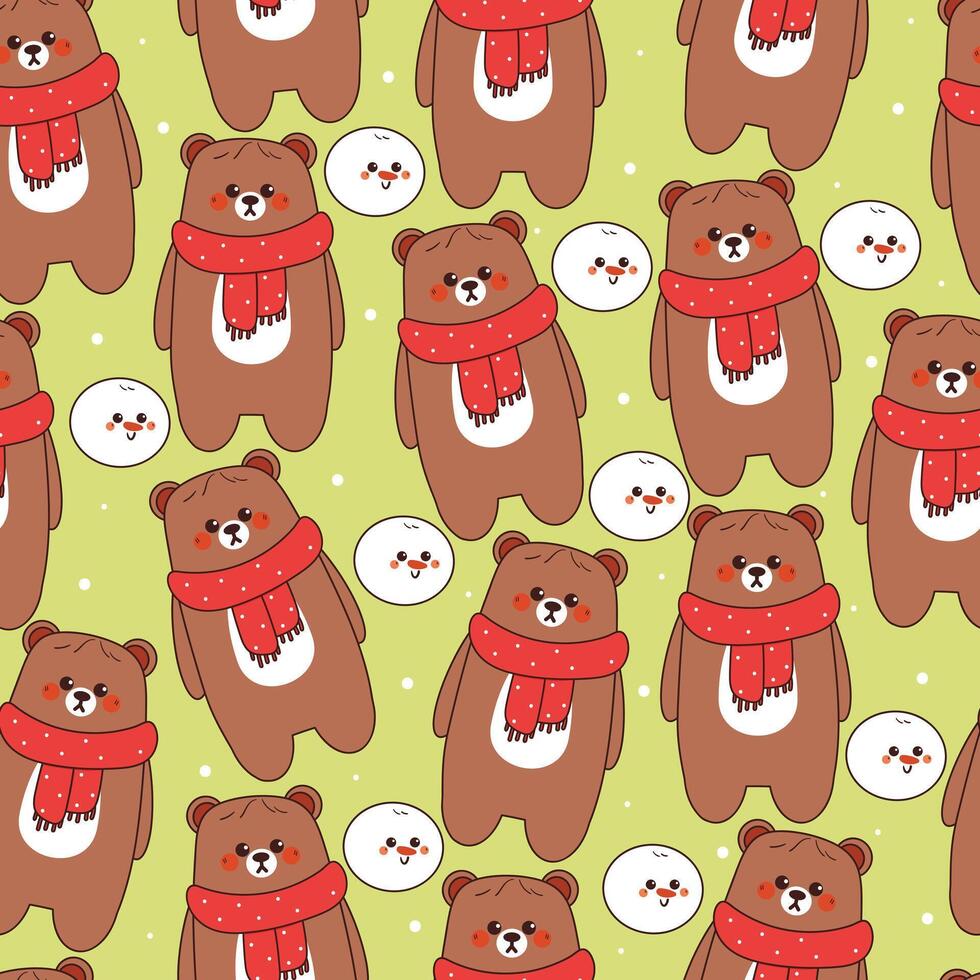 seamless pattern cartoon bear with snowman. cute christmas and winter wallpaper for fabric print, gift wrap paper vector