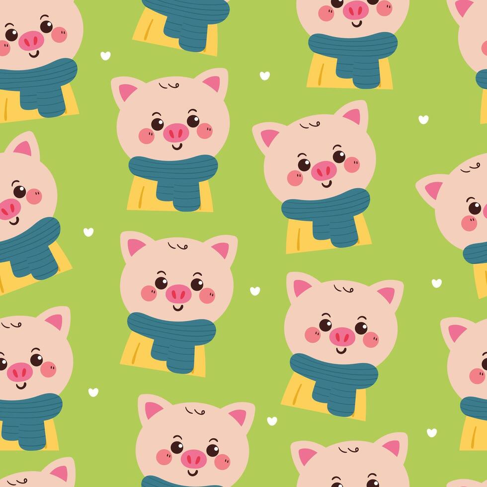 seamless pattern cartoon pig in winter day. cute animal winter wallpaper for fabric print, gift wrap paper vector