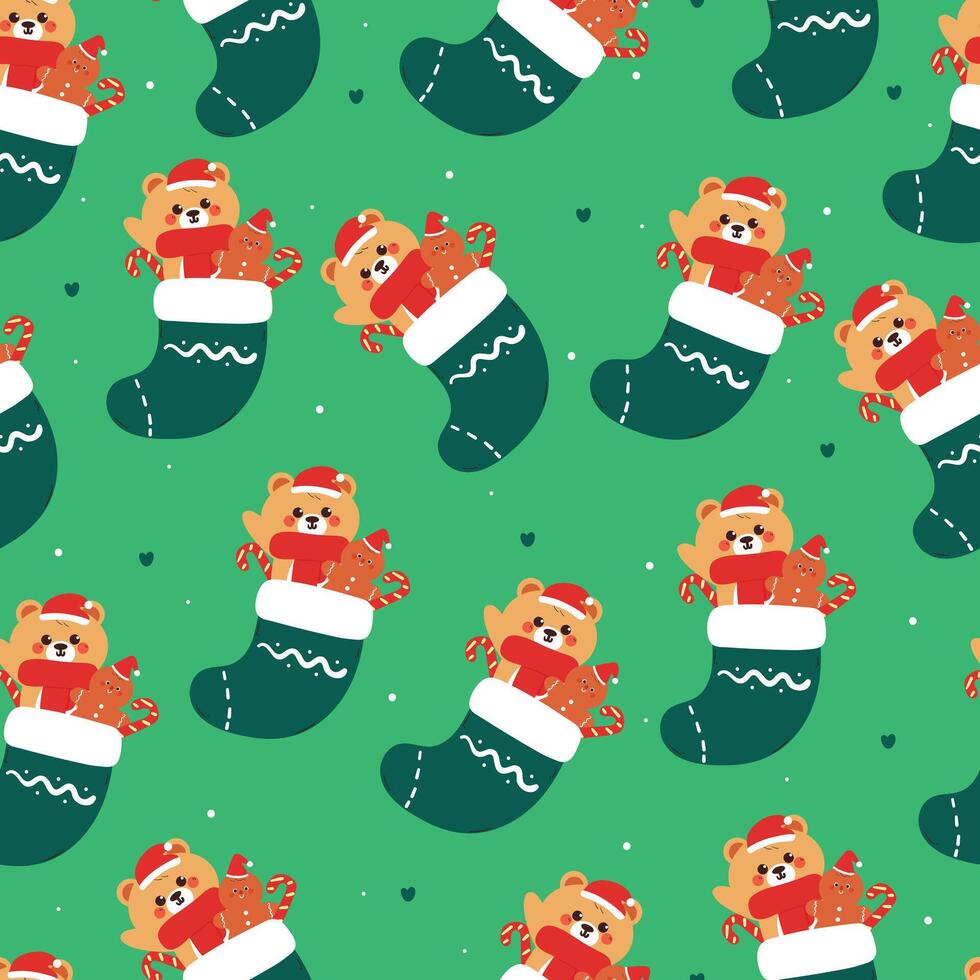 seamless pattern cartoon bear and gingerbread inside a sock. Cute christmas and winter wallpaper for fabric print, gift wrap paper vector