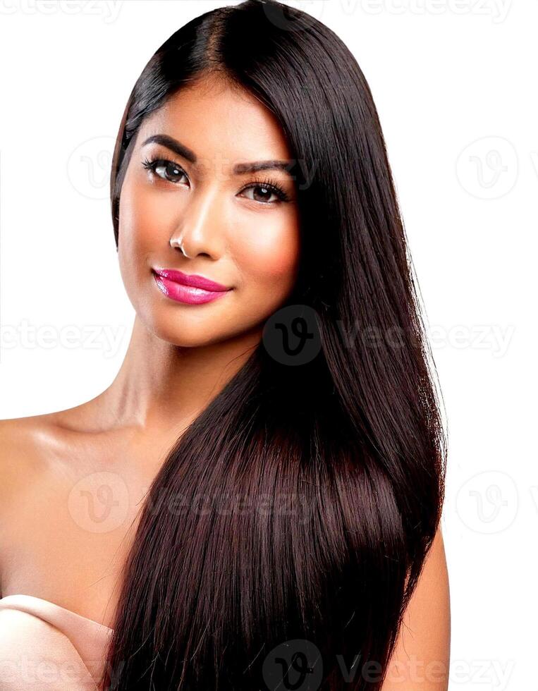 Pink Dress and pink lips black hair model photo