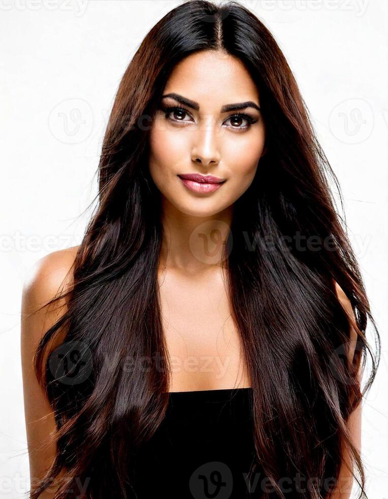 Long Black Hair Model in Black Dress photo