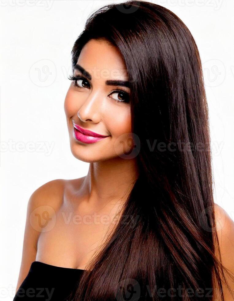 Young Beautiful Pink Lips and Black Shiny Hair Model photo