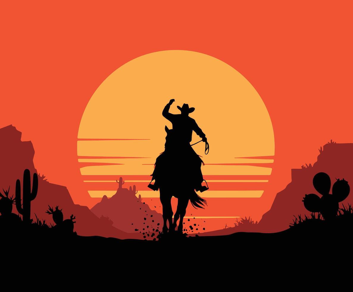 Silhouette of cowboys riding horses at sunset. illustration of horses and riders in a desert scene, ideal for western, adventure, or sunset-themed designs. Perfect for posters and landscapes. vector