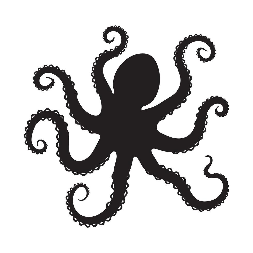 Black octopus silhouette on a white background. icon ideal for marine life designs, ocean themes, and aquatic projects. Perfect for logos and illustrations. vector