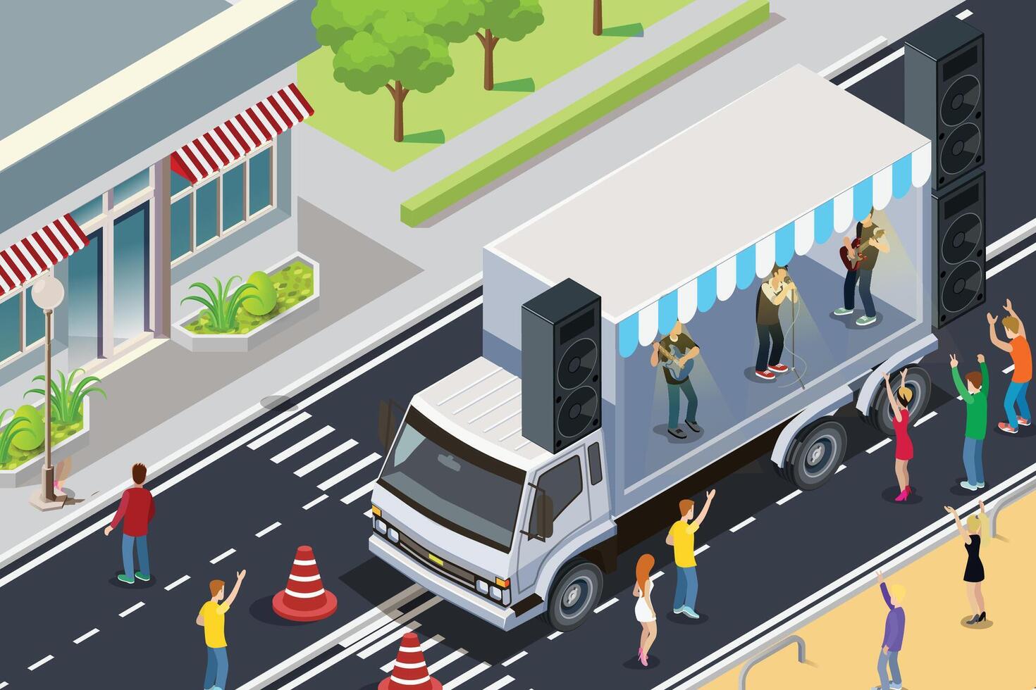 Carnival Music Festival Illustration Concept 3d Isometric View Party Elements, highway, trucks. Concert Background and Stage Landscape. Music Event illustration vector