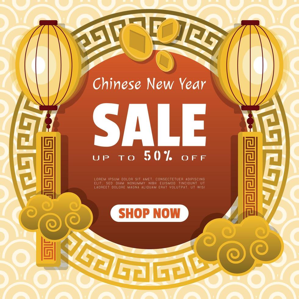 Chinese New Year Sale poster with circle chinese pattern and ornaments vector