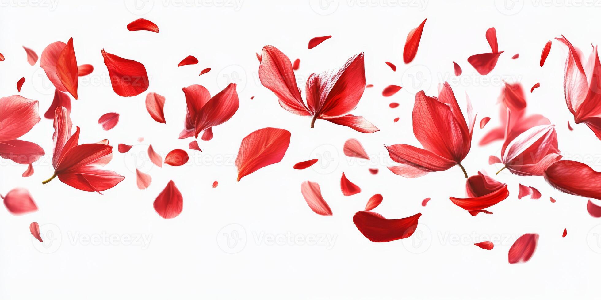 A stunning and beautiful display of vibrant red flower petals falling gracefully through the air, embodying the pure essence of the spring season and the wonderful rejuvenation of nature photo