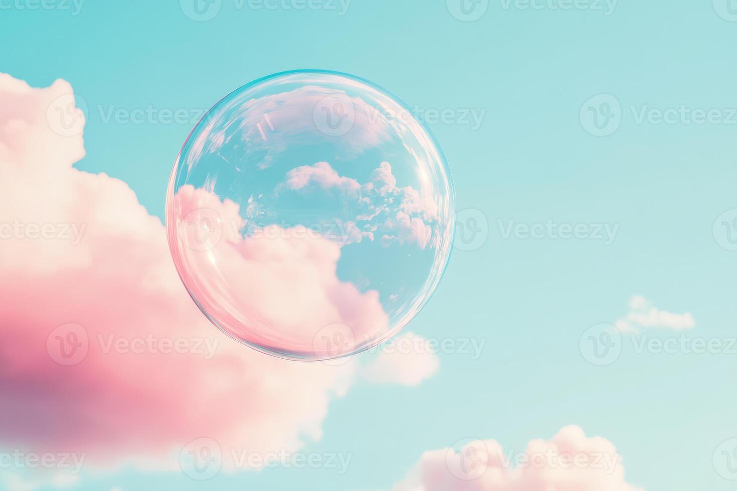 A pink bubble floats gracefully among fluffy white clouds in the bright blue sky, evoking feelings of joy, wonder, and a magical sense of lightness and freedom that captures the imagination photo