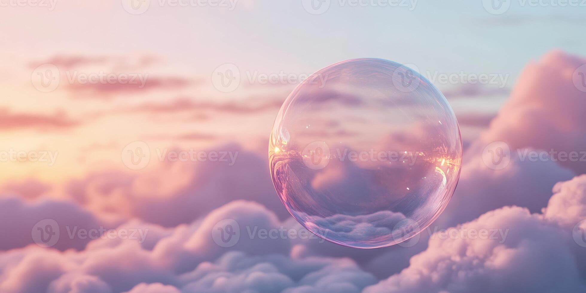 A delicate, transparent pink bubble gently drifts through a dreamy sky, gracefully surrounded by soft, fluffy clouds and warm, radiant sunlight, evoking feelings of pure wonder and whimsical joy photo